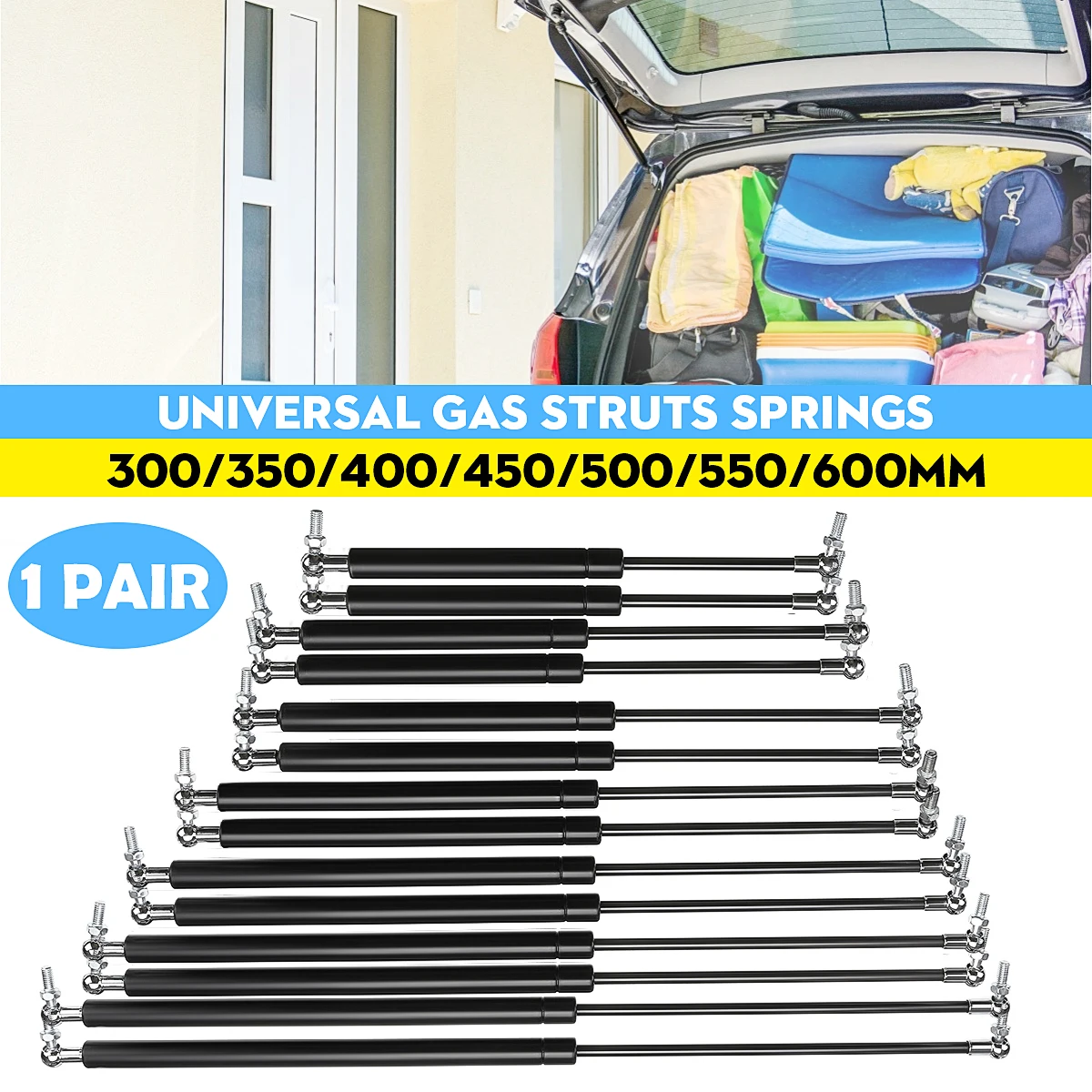 2pcs Universal 300-600mm 300N Car Struts Front Cover Bonnet Hood Rear Trunk Tailgate Boot Shock Lift Strut Support Bar Gas Strut