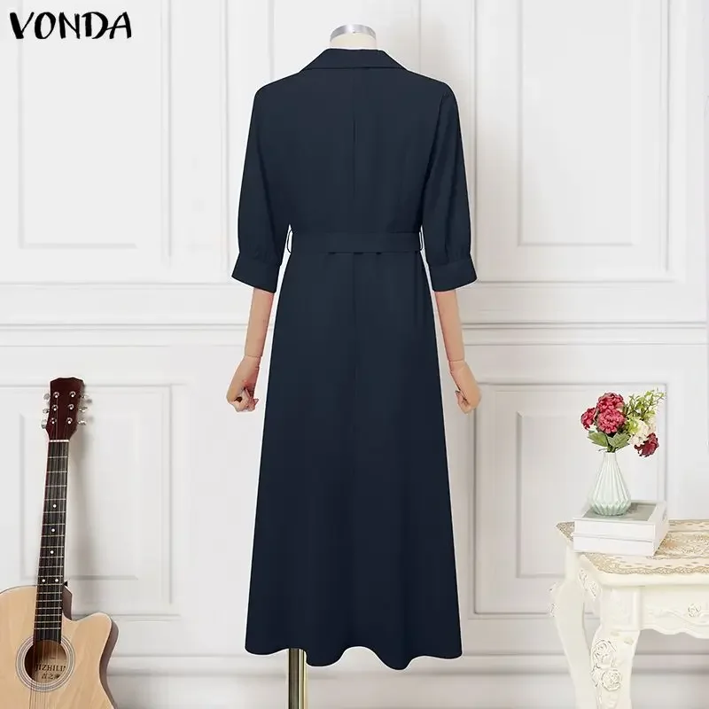 

VONDA Plus Size 5XL Elegant Suit Collar Dresses Fashion 3/4 Sleeve Belted Office Lady Sundress Summer Casual Long Vestidos 2026