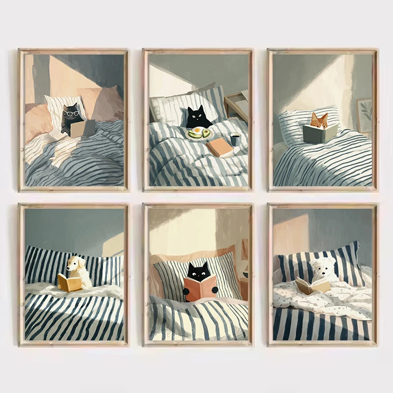 Cat Reading Print, Black Cat Wall Art, Cosy Bedroom Poster, Book Lover Cat Illustration, Cat in Bed Print, Reading Room Decor
