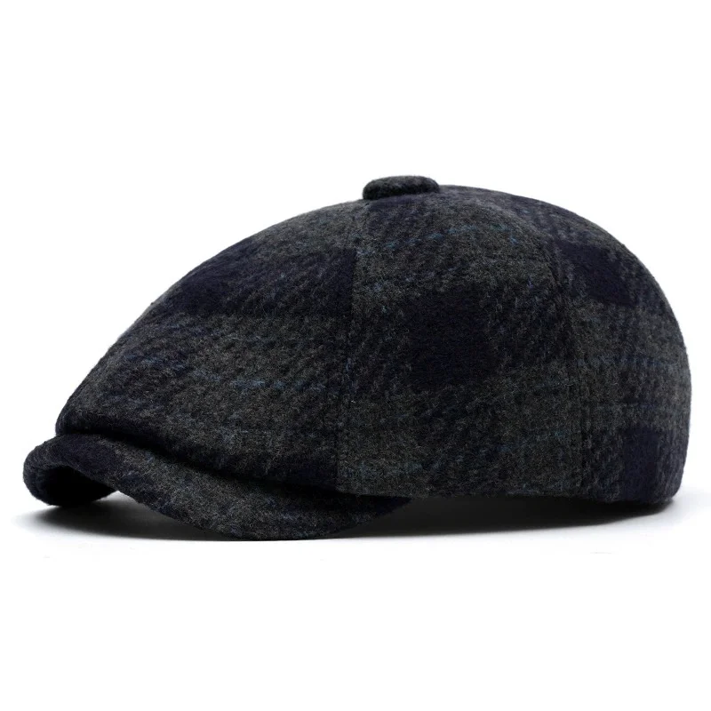 Retro Plaid Forward-Facing Cap Men's Autumn/Winter Warmth Newsboy Cap Woolen Duckbill Cap Fashionable Beret