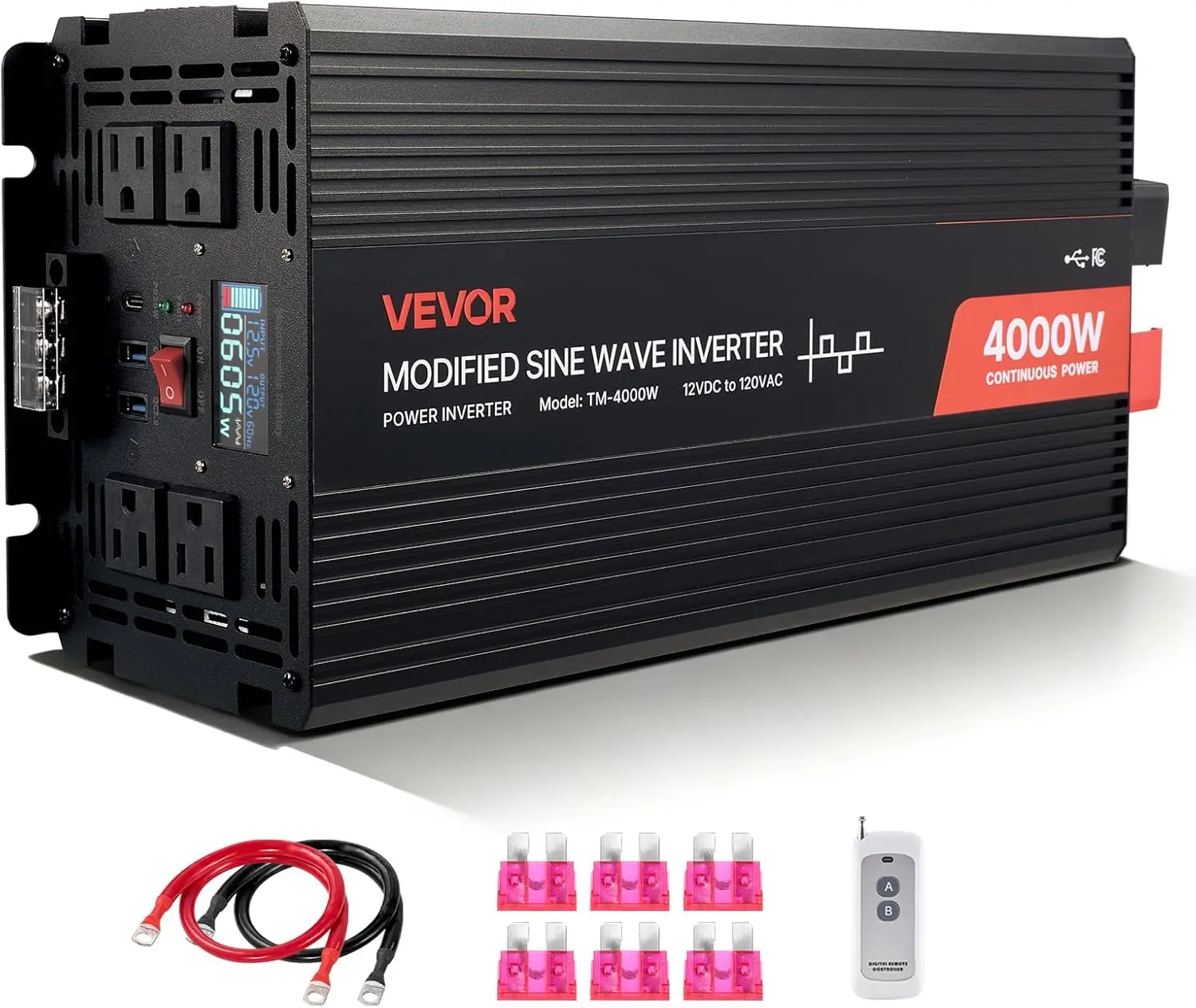 4000W Inverter 12V to 120V Modified Sine Wave with LCD, Remote, USB & Type-C, 4 AC Outlets for RV, Truck, Solar