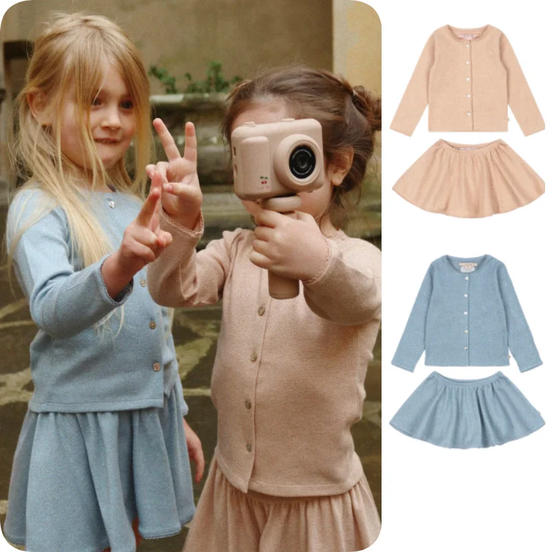 

Girls' Knit Cardigan Skirt Set 2026 Spring New Arrival Blue Fashion Cherry Cardigan Cotton Cute Sweet Girls' Top and Skirt Set
