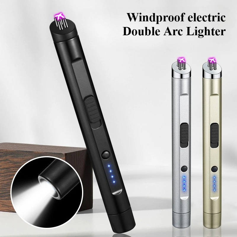 Briquet électrique à double arc avec affichage LED, accessoires pour fumeurs et pistolet d'allumage multifonctionnel pour cuisine et barbecue, briquets à cigarettes