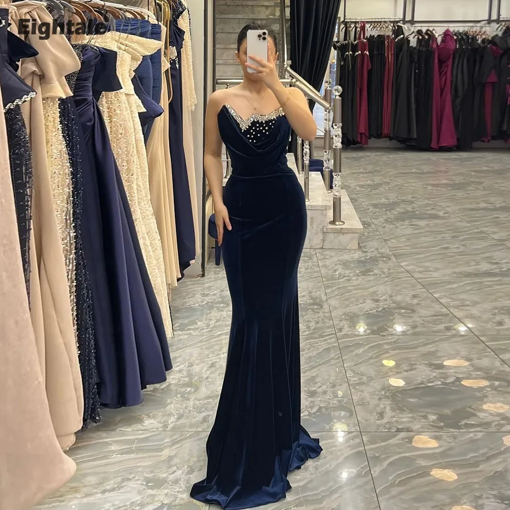 

Eightale Velvet Evening Dress for Wedding Party Customized Scoop Beaded Long Sleeves Floor Length Mermaid Arabic Prom Gowns