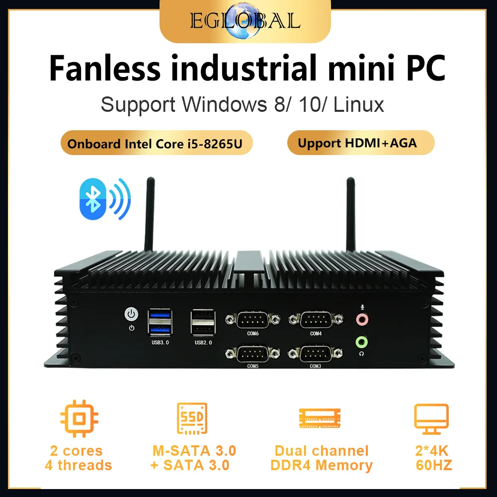 EGlobal Fanless Mini PC Intel i5-4278U/i7-4578U, Dual 2.5G LAN 6x COM RS232 VGA HDMI 3G/4G IoT Industrial