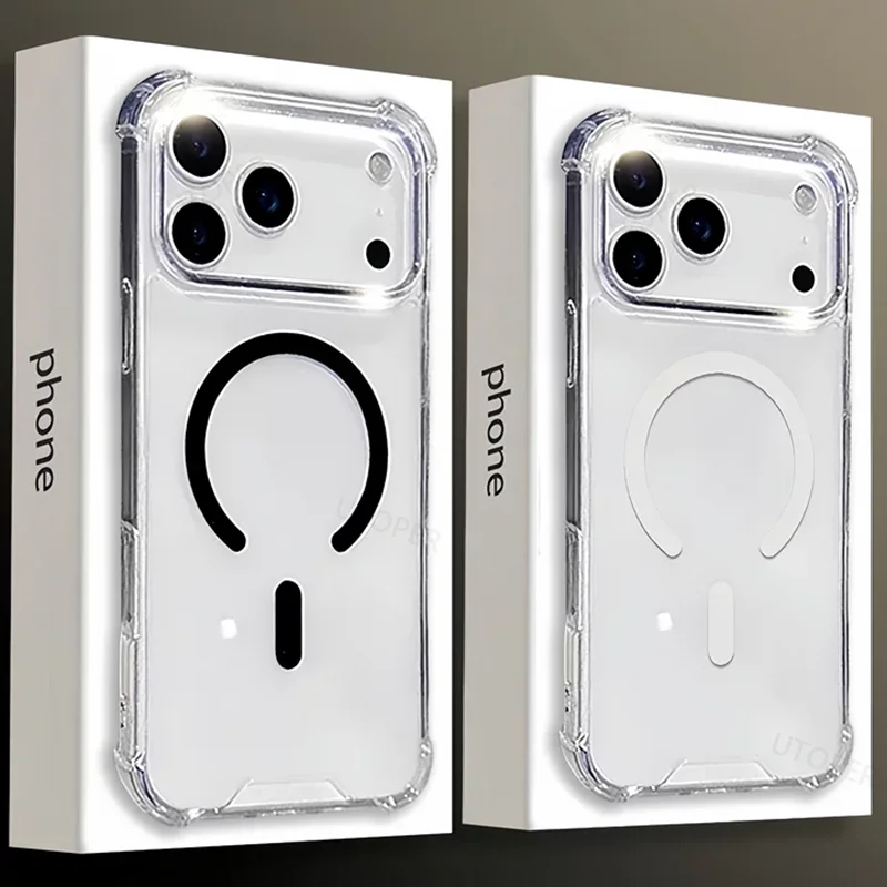 

New Senior Simple Transparent Case for iPhone 17 Air 17 16 15 14 13 12 11 Pro Max Plus Anti-fall Damping Magsafe Magnetic Cover
