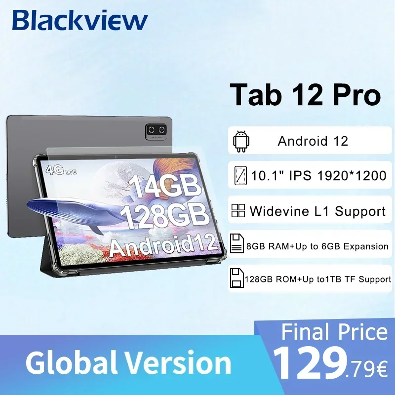 Nowy Blackview Tab 12 Pro Android 12 Tablet 10.1 \'\', Tablet 14GB + 128GB, ośmiordzeniowy, Dual SIM 4G LTE + Tablet z WiFi, Widevine L1