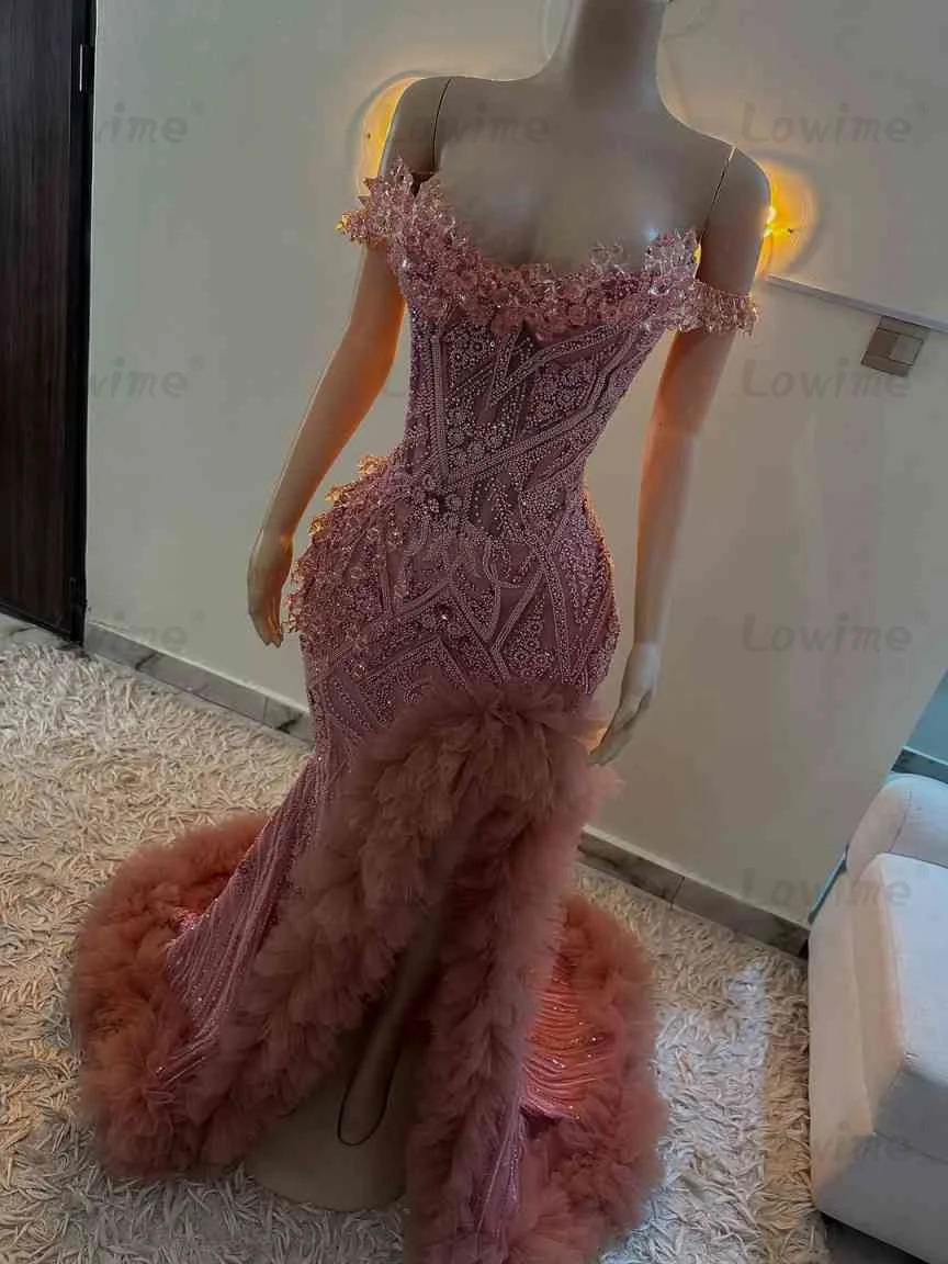 섹시한 핑크 파티 드레스 크리스탈 인어 프롬 드레스 2026 맞춤형 주름 장식 스플릿 사이드 롱 셀러브리티 이브닝 가운