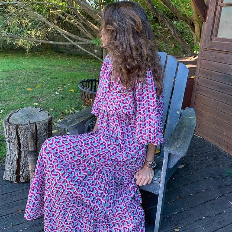 Robe Maxi à Manches Bouffantes et Col en V pour Femme, Tenue de Plage Décontractée, Style Boho, avec Impression Géométrique, Collage, Bulle, ix, Éducatif, Été