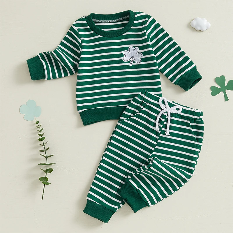 Lioraitiin 3M-3Y Toddler Baby Boy St Patricks Day Outfit Clover Embroidered Striped Long Sleeve Crewneck Sweatshirt Pants Set