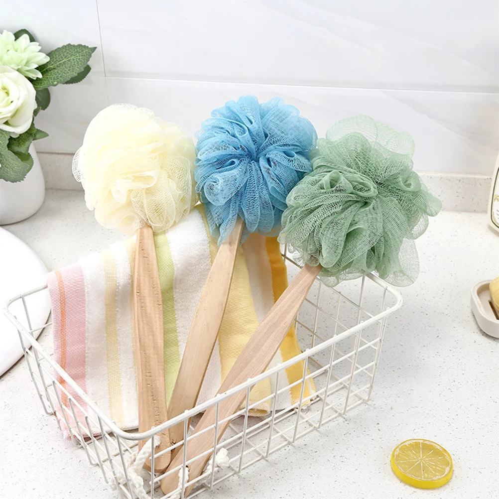 

4 Pcs Long Handle Bath Balls Flower with Sponges Shower Back Scrubber Massage Wooden