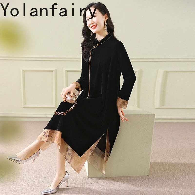 

YOLANFAIRY, новое бархатное платье в китайском стиле для женщин, осеннее элегантное элитное тонкое женское черное платье Cheongsam, 2025 г.