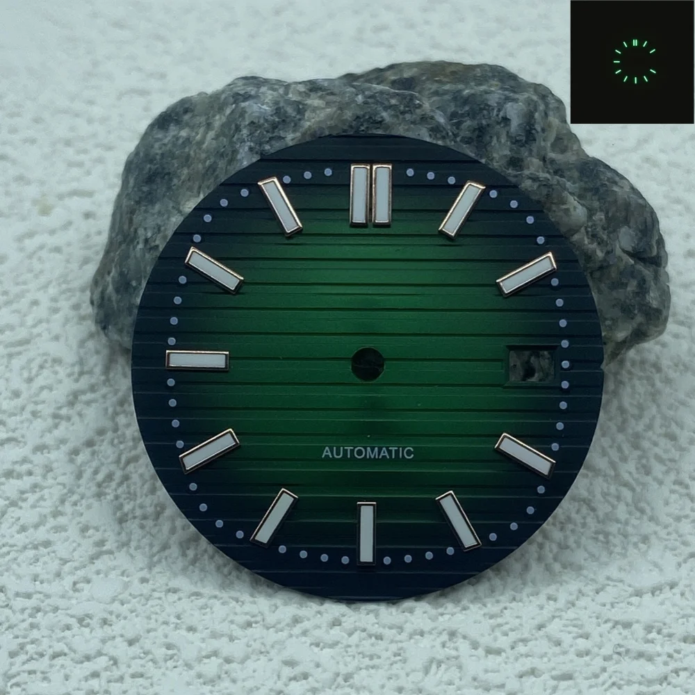 30.5mm S Dial Watch Accessories Nautilus lettered Noodle studded Green luminous calendar dial for NH35/NH36 movements