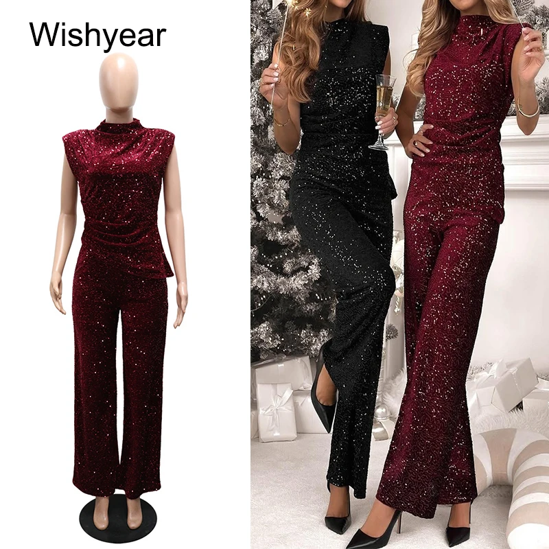 

Новый элегантный комплект из 2 предметов с блестками, женский укороченный топ без рукавов нестандартной формы и широкие брючные костюмы, роскошный офисный наряд для дня рождения