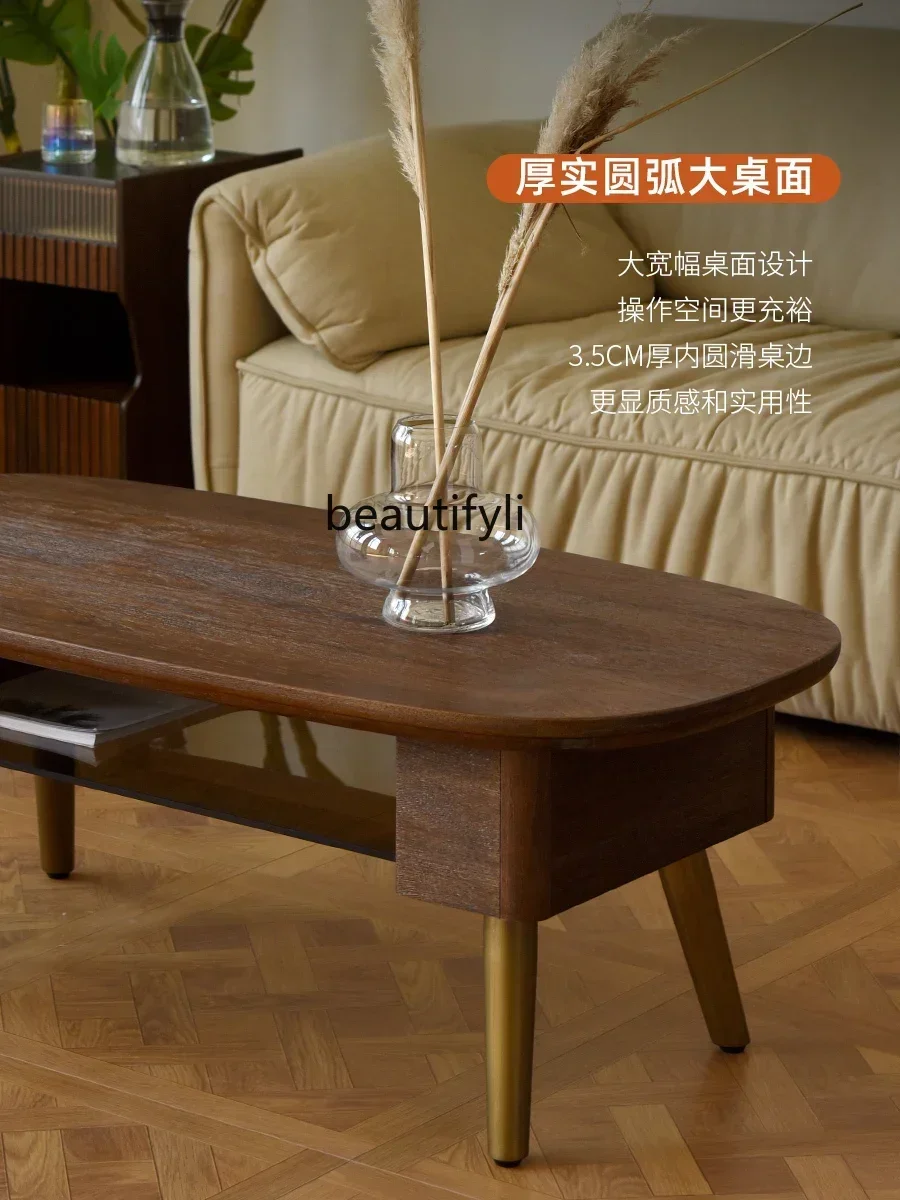 

yj7 Solid wood coffee table retro living room walnut color Nordic TV cabinet combination glass tea table