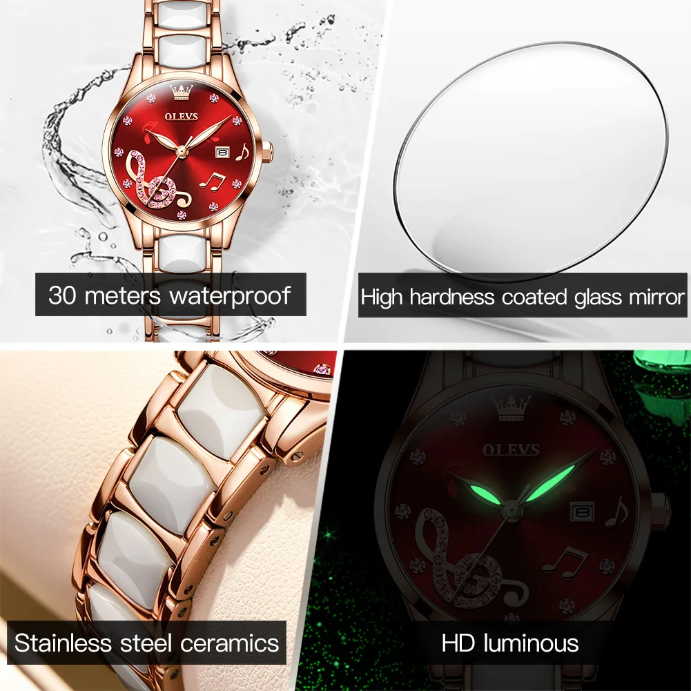 OLEVS 3605 Quartz Watch Women Fashion Casual Musical Element Design Waterproof Creative Ceramic Brand Wristwatch Top Gift Lover