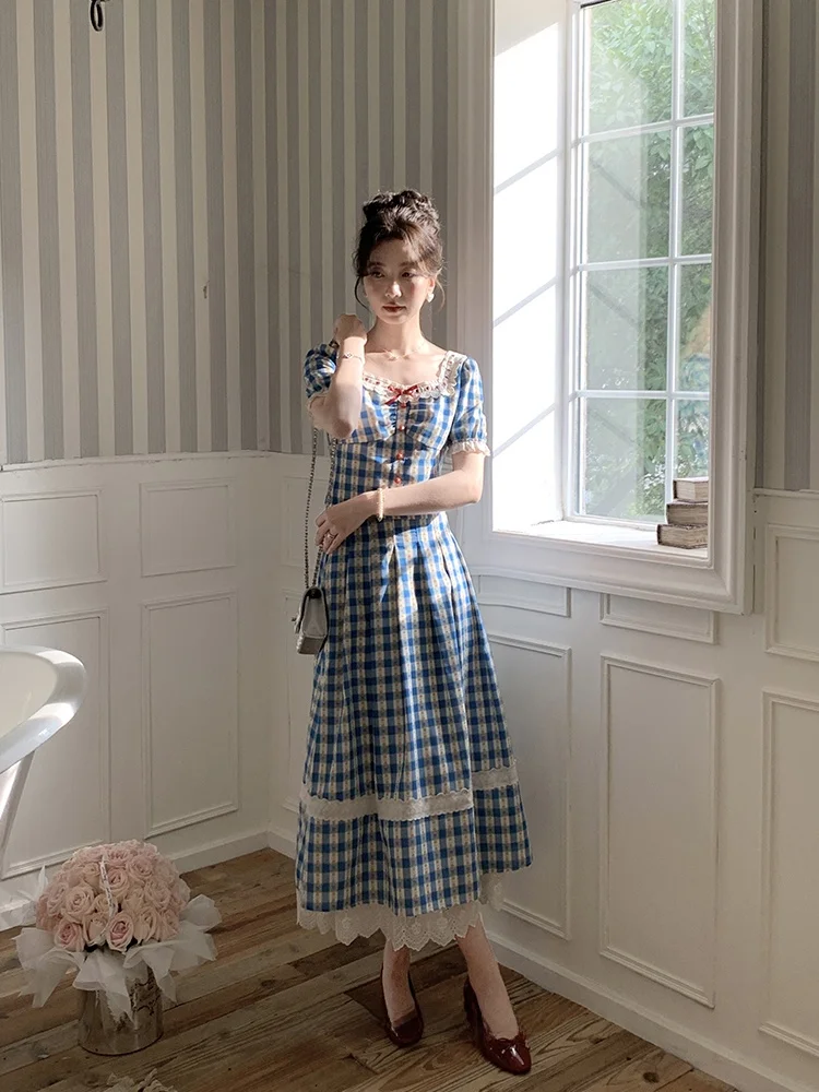 

Модный летний комплект из двух предметов: синяя клетчатая юбка с эффектом пузырьков и топ с завышенной талией от Aunt Deer Auntie Zhuo