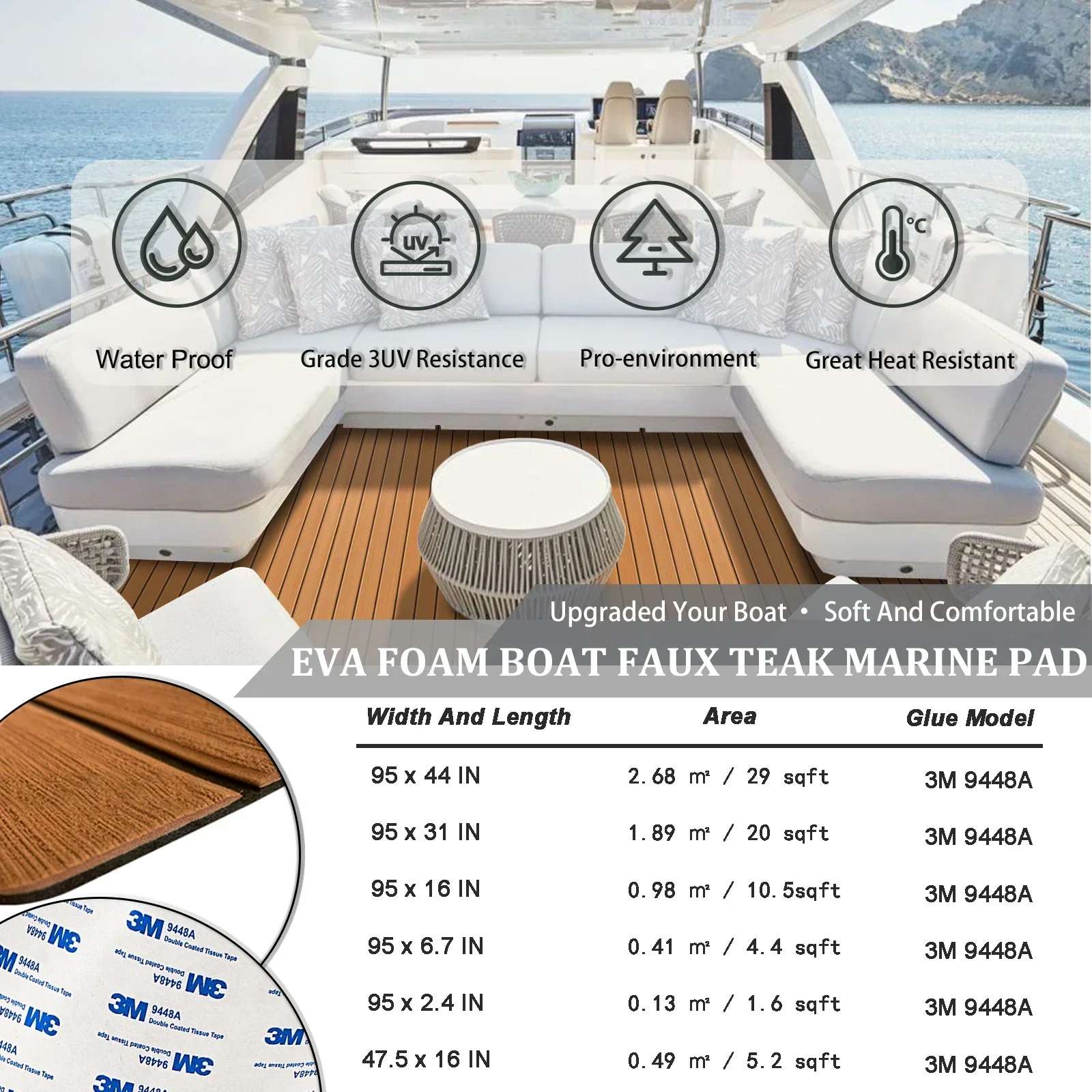 2400*1120 EVA Foam Boat Decking Sheet Mat Faux Teak Marine Yacht Flooring Pad Self-adhesive 3M Adhesive Backing Boat Accessories