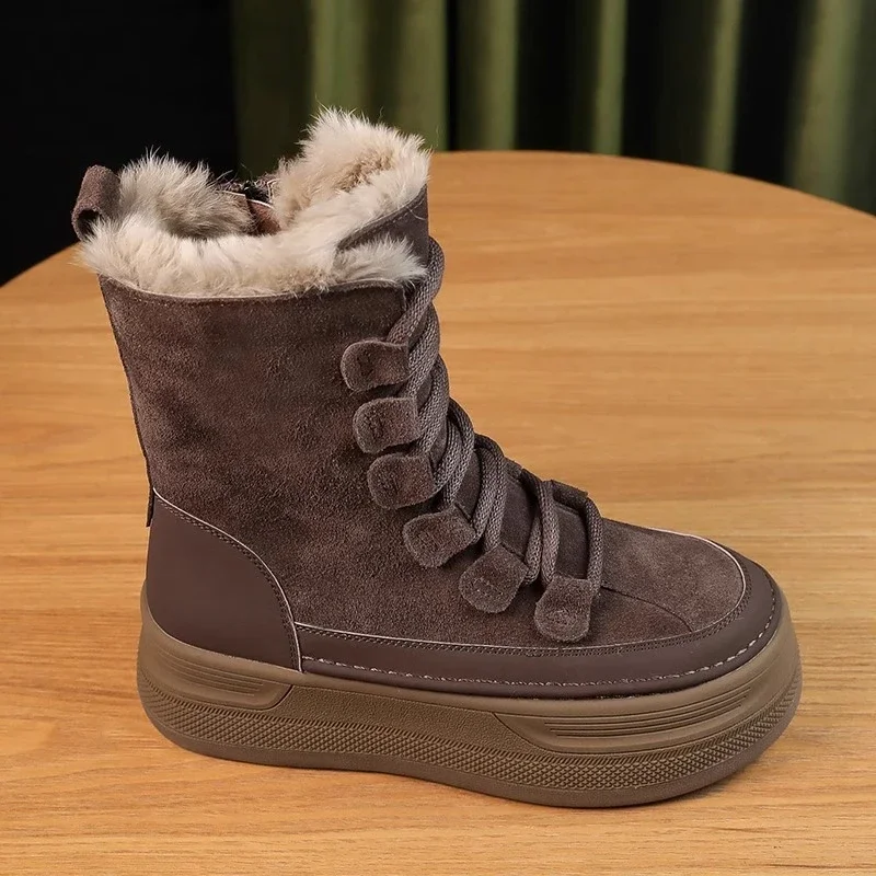 Botas femininas de pelúcia para neve, cabeça redonda cruzada, botas curtas de tornozelo, sola grossa, sapatos de pele quente, estilo britânico, nubuck para inverno, na moda