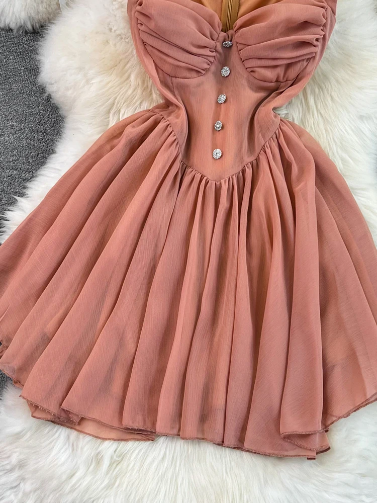 Women Pink A-line Evening Dress Vintage Square Collar Mini Luxury Dresses Y2k Party Club One Piece Frocks  Cutecore Clothes