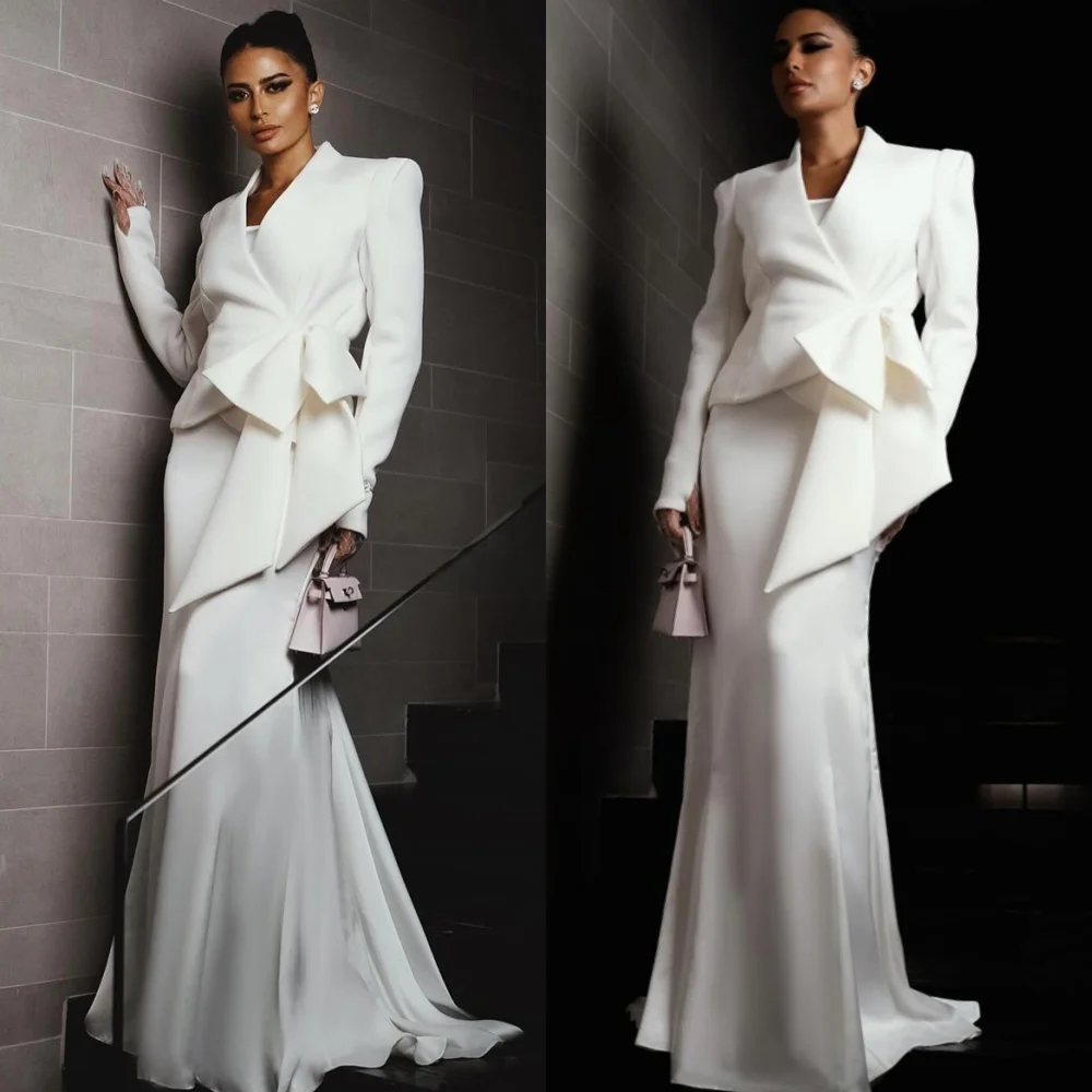 

Customized Modern Jersey Evening Dress Formal V-Neck Long Sleeves Homecoming Dresses Fashion Court Train Special Occasion Gowns