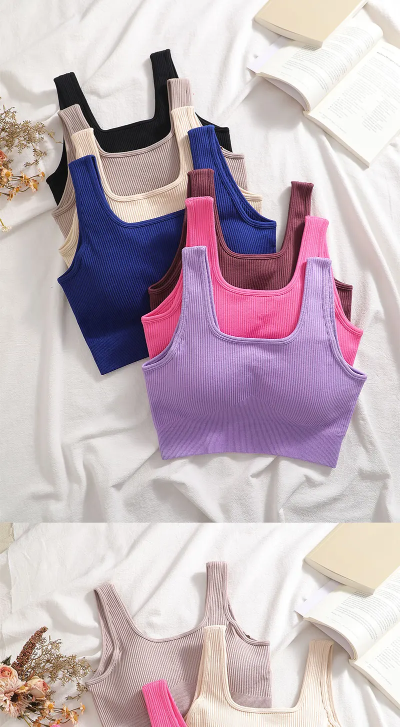 Nahtloses geripptes Crop-Tanktop für Damen, gepolsterter BH, quadratischer Ausschnitt, ärmellose Sportweste, hohe Dehnbarkeit, weich, atmungsaktiv, Fitness-Yoga-Top – Detail 11