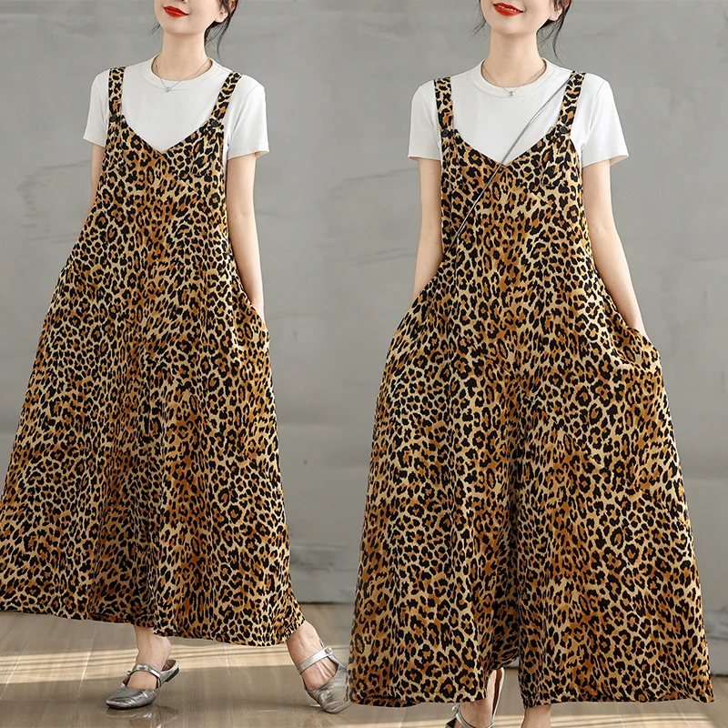 Pantalon une pièce amincissant imprimé léopard, décontracté, ample, bretelles, jambes larges, jupe, bon à porter, beau drapé