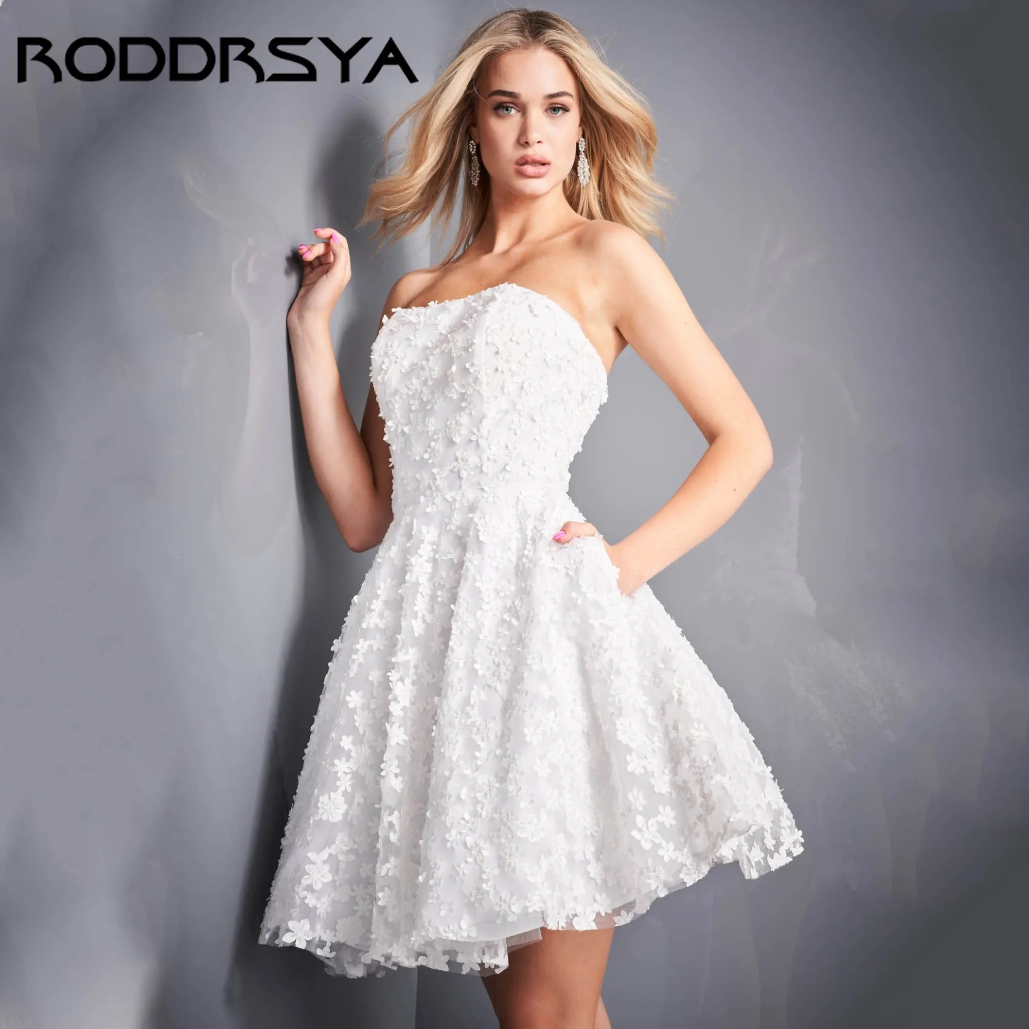 

RODDRSYA Short Flower Bride Party Dress Strapless A-line Romantic Wedding Gown Sleeveless Above Knee vestido de novia Customized