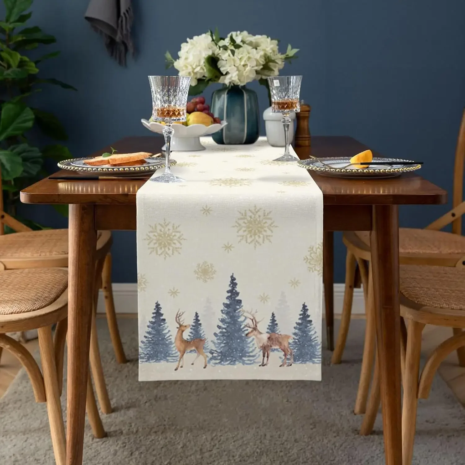 Christmas Reindeer Elk Deer Snowflake Linen Table Runners Dresser Scarf Decor Reusable Dining Table Runners Navidad Decorations