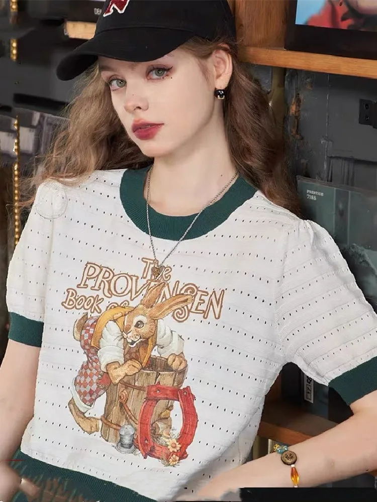 Cartoon Printed Sweater Women Thin Knit T-shirt Tees 2024 Summer Hollow Stylish Fashion Chic Short Sleeve O-neck Jumpers Y2k Top