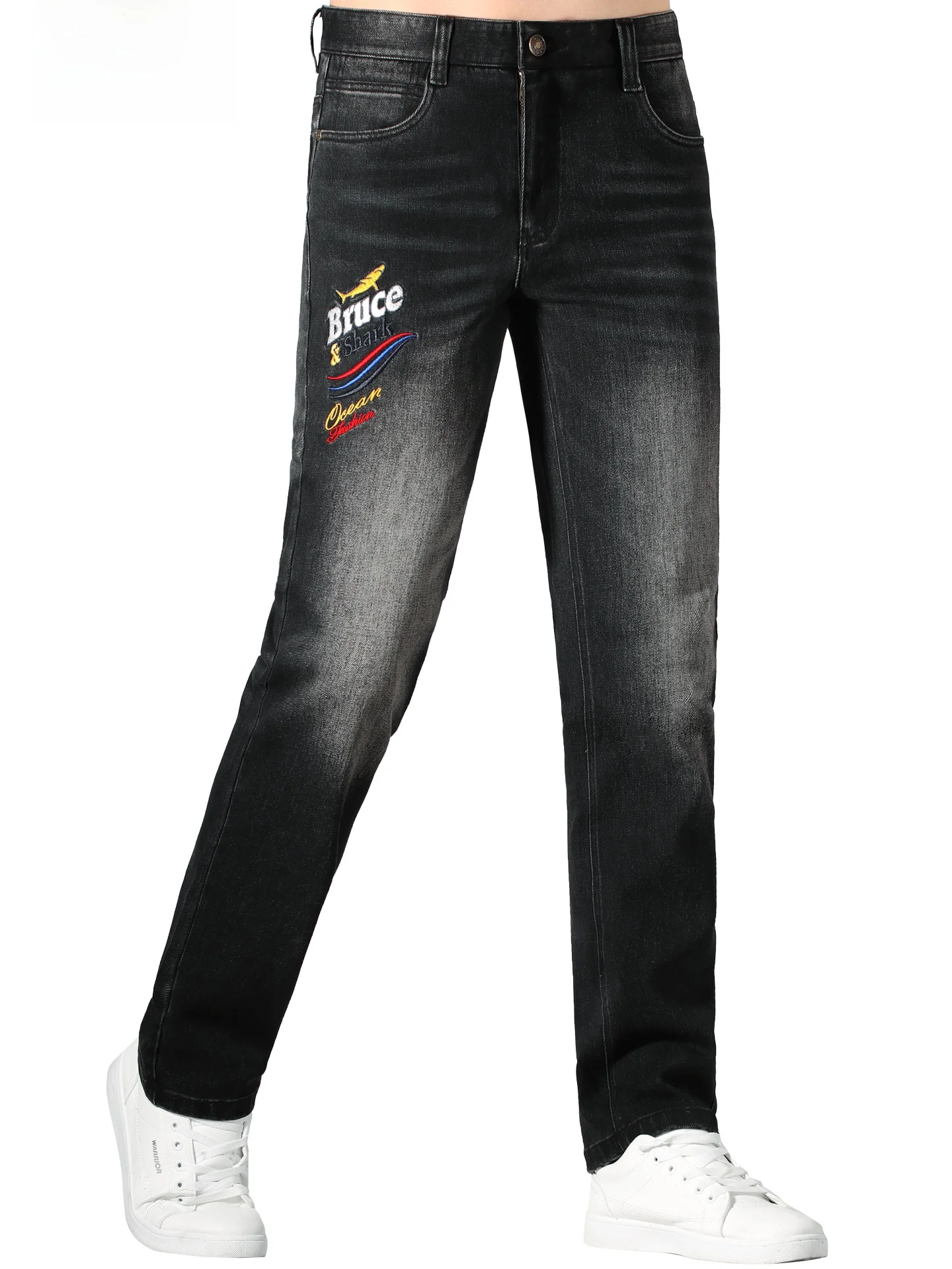 

Bruce Shark Men's Embroidered Straight Leg Jeans Loose Fit Comfortable Thick Long Trousers Fashionable Casual Wear for All Ages