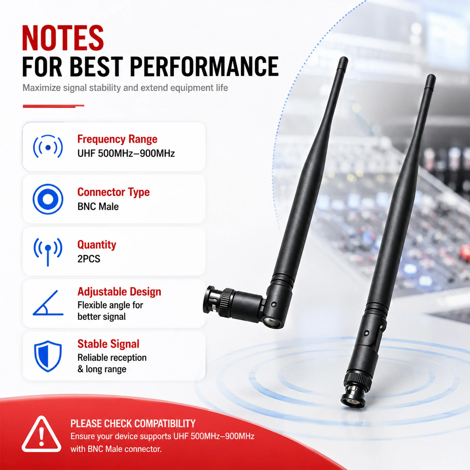 2Pcs/Set BNC Male Antenna Wireless Microphone Receiver Antenna UHF 500MHz-900MHz 3dBi Gain Amplifier Signal Antenna 215mm Length