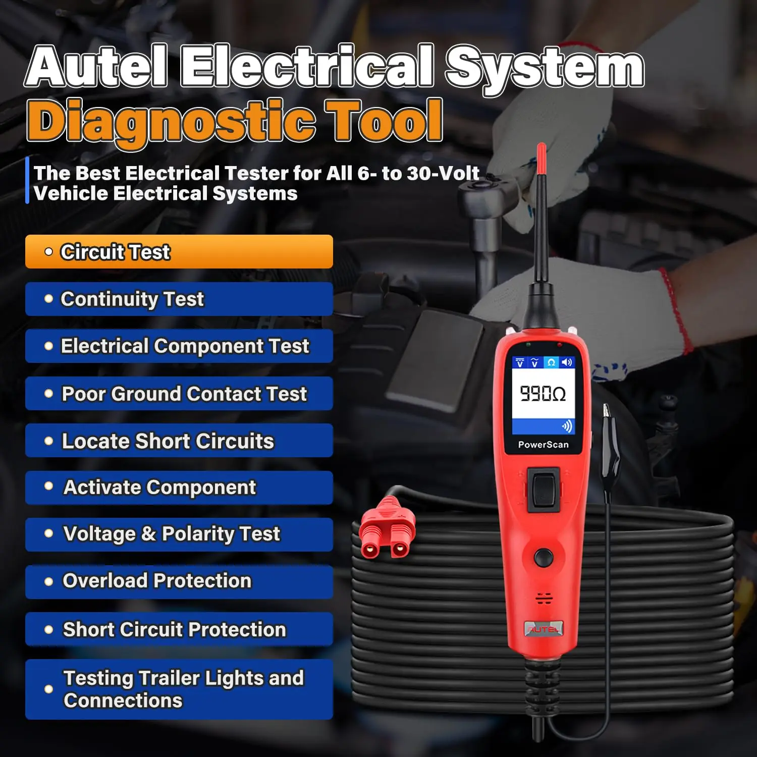 Tester di circuiti automobilistici PowerScan PS100, strumento universale per sonde di circuiti di alimentazione 12V 24V, rilevatore di cortocircuiti aperti elettrici, Rel