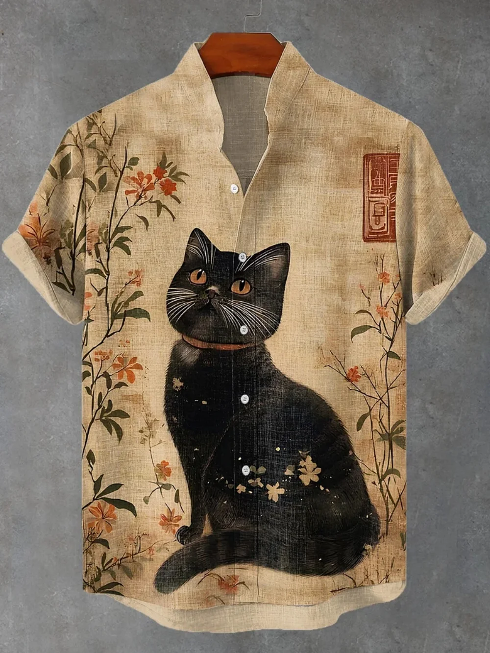 

Men's Fashionable Street Animal Element Printed Shirt Short Sleeve Stand up Collar Button up Casual Cardigan Outdoor Wear