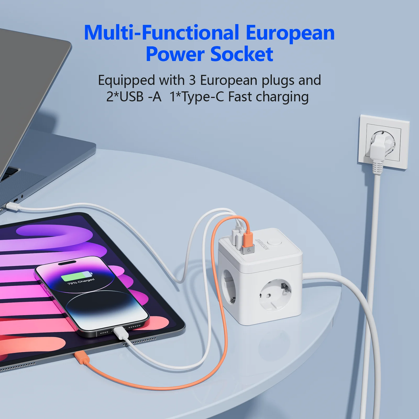 JINGMIN kostka gniazda UE bez kabla 5-kierunkowy adapter gniazda 250 V/16 A, przedłużenie gniazda ściennego do sypialni biuro w domu podróż