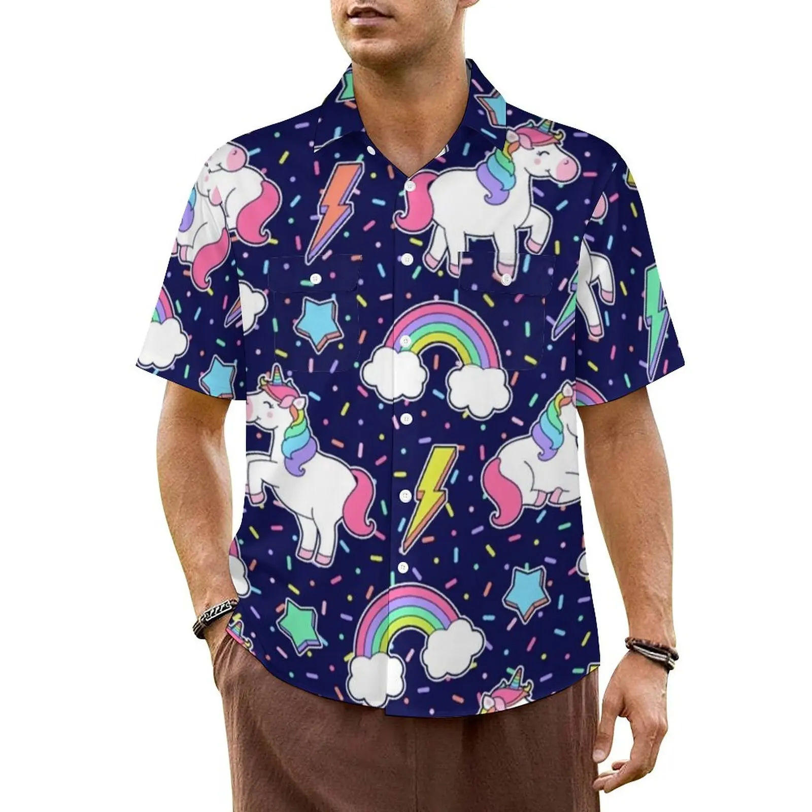 Hawaiian Shirt Beach Cute Unicorn Blouses Rainbow Star Trendy Casual Shirts Man Short-Sleeve Streetwear Oversized Tops