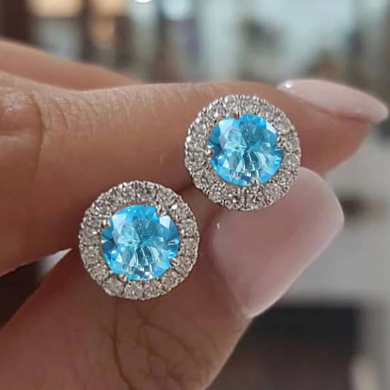 Cute Female Crystal Small Round Classic Silver Color Wedding Jewelry Charm Purple Zircon Stud Earrings For Women