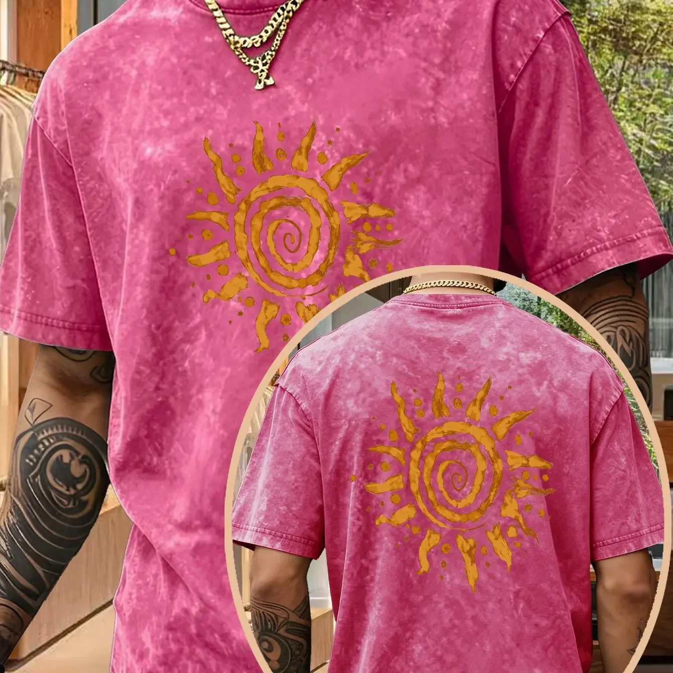 100% Pure Cotton Summer and Spring Men's and Women's Short-Sleeved T-Shirts, with Swirl Sun Double-Sided Printed Soft Fabric