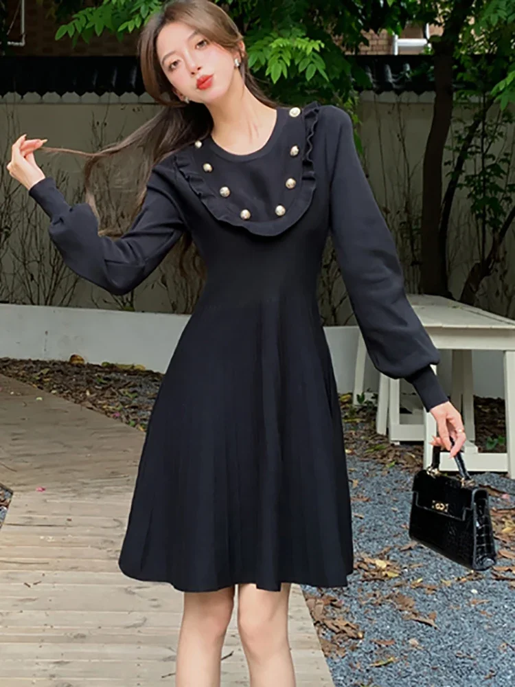 Outono inverno preto de malha elegante babados a linha vestido curto feminino elegante vestido casual 2024 coreano vintage hepburn vestido de baile