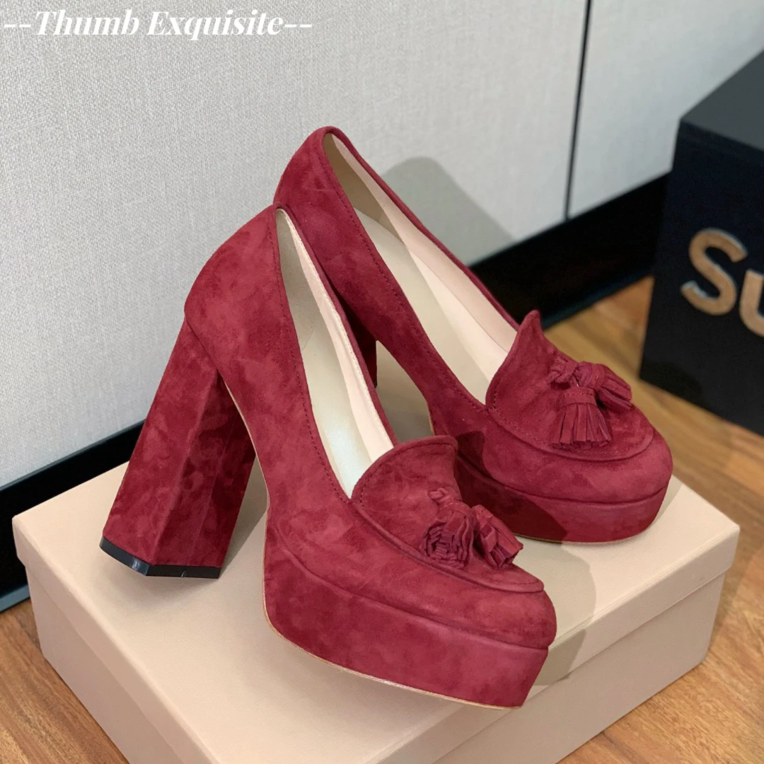 

Velvet platform high heels furry and high-quality single shoes thick soles tassels party shoes luxury designer brand