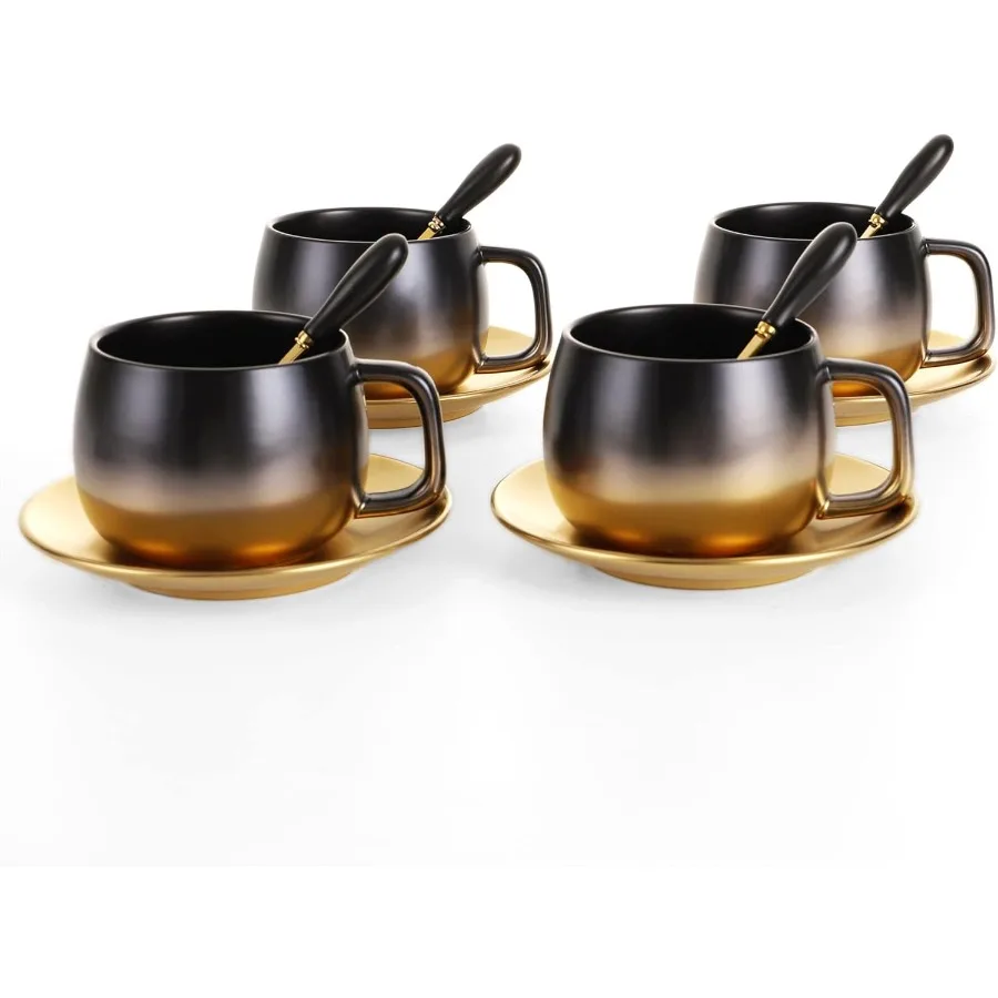

European Style Tea Coffee Cup Set Black Gold Gradual Vintage Ceramic Cup Coffee Mug With SpoonandSaucer Set Used for Latte Amer