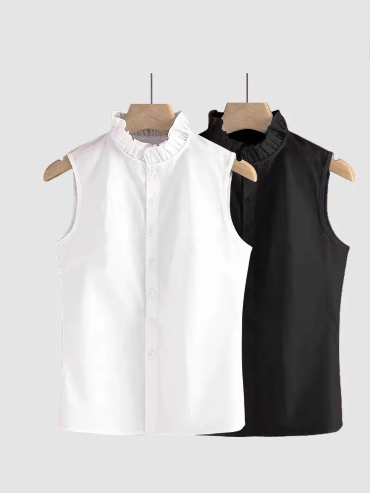 

Spring Summer Women's Clothing Sleeveless Stand Collar Blouse Elegant Ruffled Cotton Layering Top For Woman With Flounce Hem