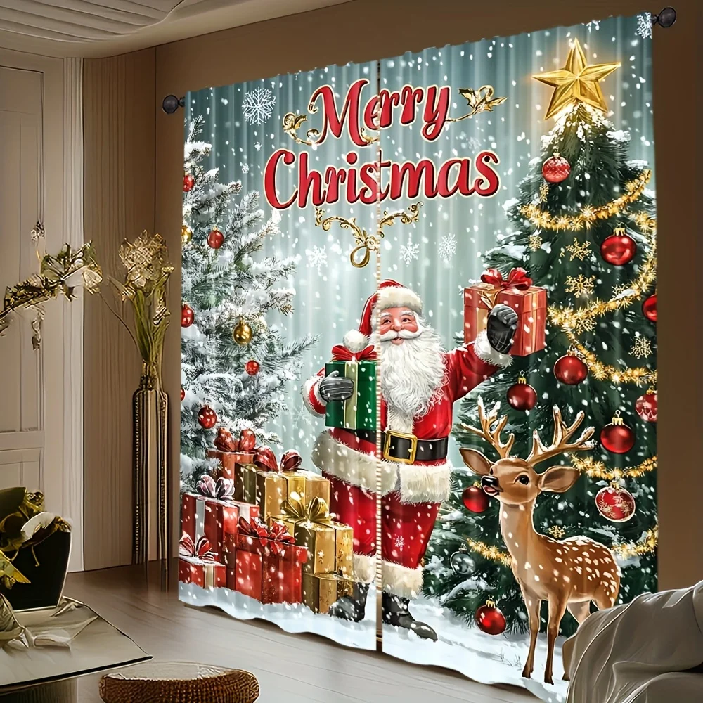 Merry Christmas Curtain Santa Claus Reindeer Window Drape Xmas Tree Gift Box Decor for Living Room, Festive Holiday Home Textile