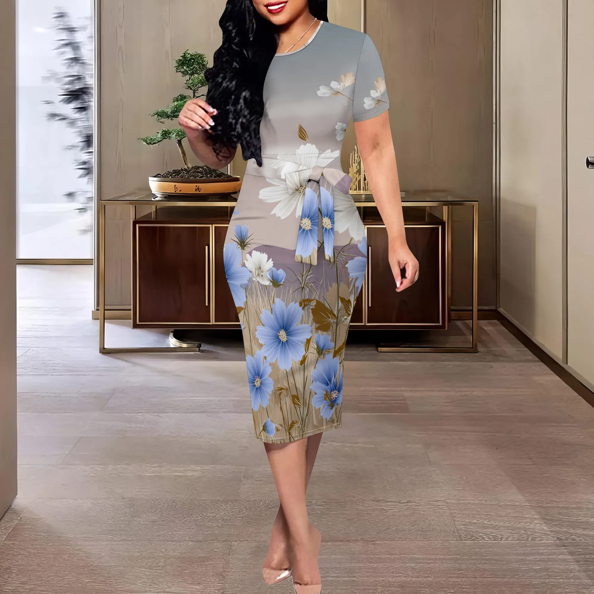 

Floral Print Women's Midi Dress | Blue & White Flowers, Belted Waist, Short Sleeve | Perfect for Spring & Summer, XS-3XL