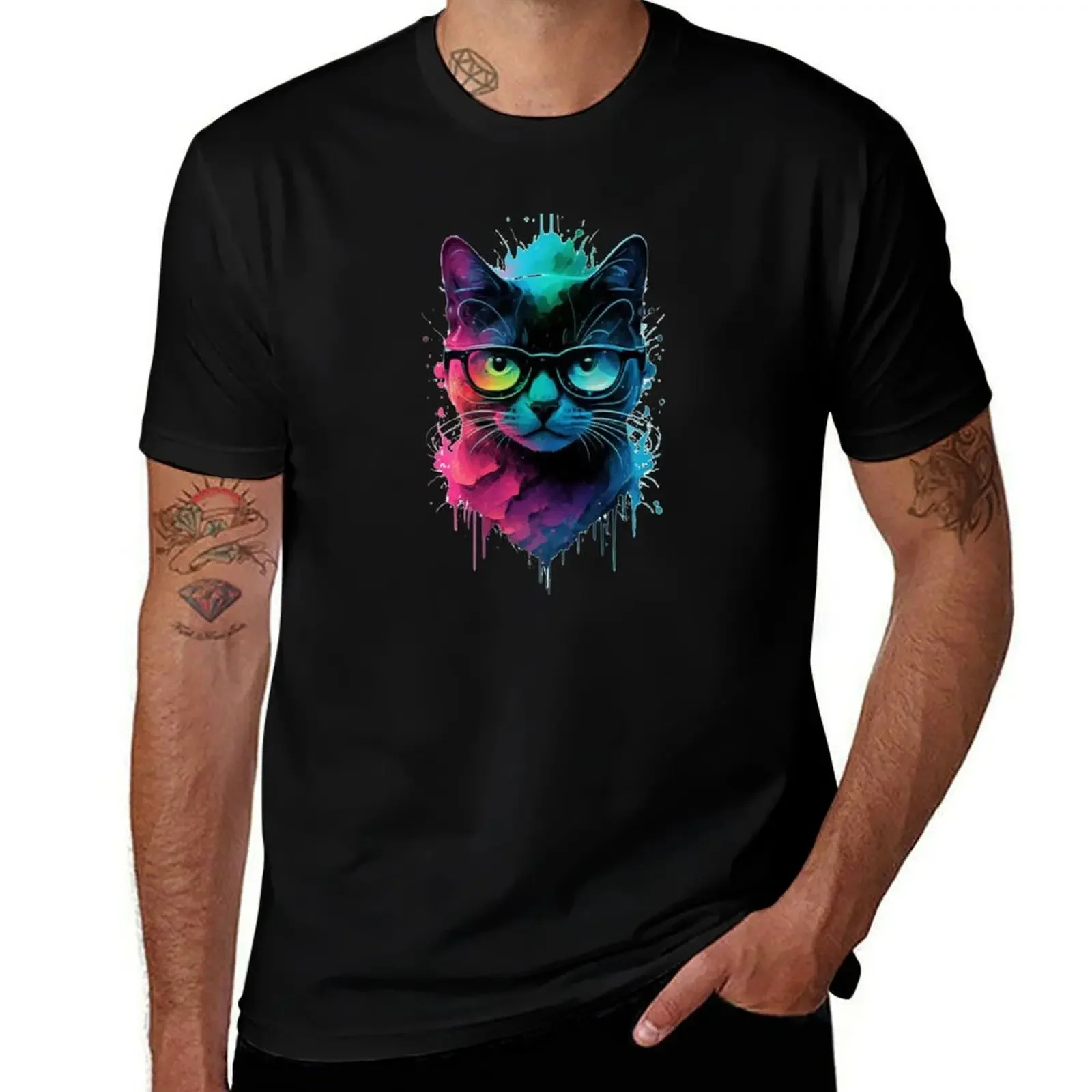 Geek cat colorful painting T-Shirt Christmas Casual Tee Shirt