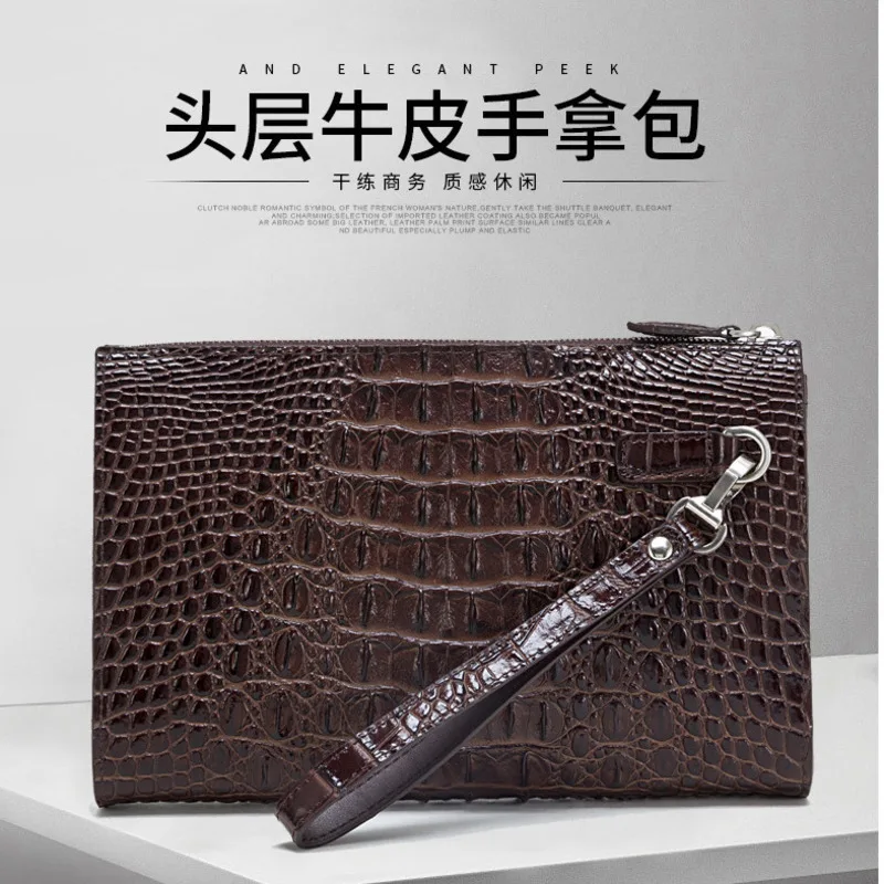 

Men's Zippered Handbag Trendy Embossed Crocodile Pattern Large Capacity Cowhide Handbag Bags Real Women Genuine Leather Wallets