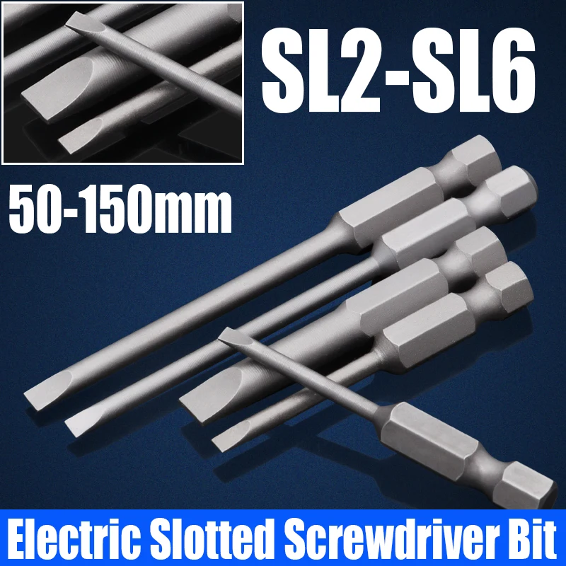 

1PCS 50/75/100/150mm Electric Flat Head Slotted Screwdriver Bit SL2-SL6 Strong Magnetic Batch Head Hex Shank Impact Screw Driver