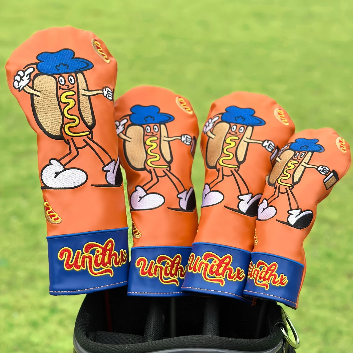1 unidad/4 unidades de funda para la cabeza de palo de golf con diseño de hot dog | Funda Protectora Naranja para Driver, Fairway, Hybrid - Accesorio Deportivo Resistente para Golfistas