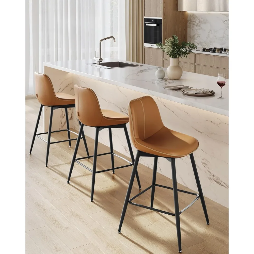 Conjunto de 2 bancos de bar, bancos de bar com altura de balcão e encosto, encosto ergonômico, couro sintético, pernas de metal