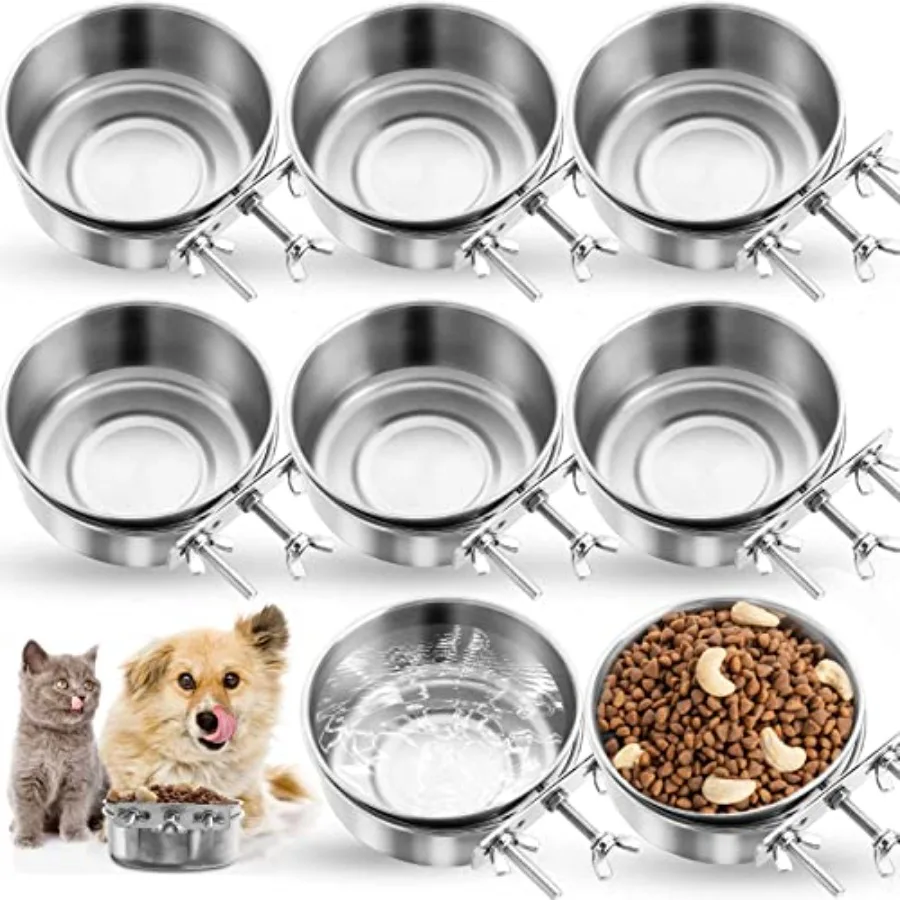 

8 Pcs Stainless Steel Hanging Dog Crate Bowls, Non-Spill Kennel Food Water Bowls with Screw Clamp Attach Holders, Removable Mou